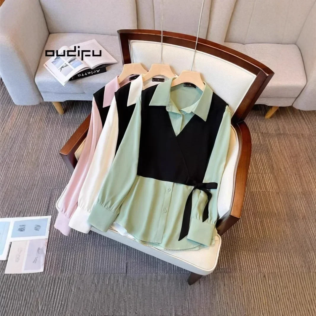 

2025 Chic Oversize Women's Shirt Early Autumn New Style French Design Sensation Elegant Patchwork Fake Two-Piece Trendy Polo Col