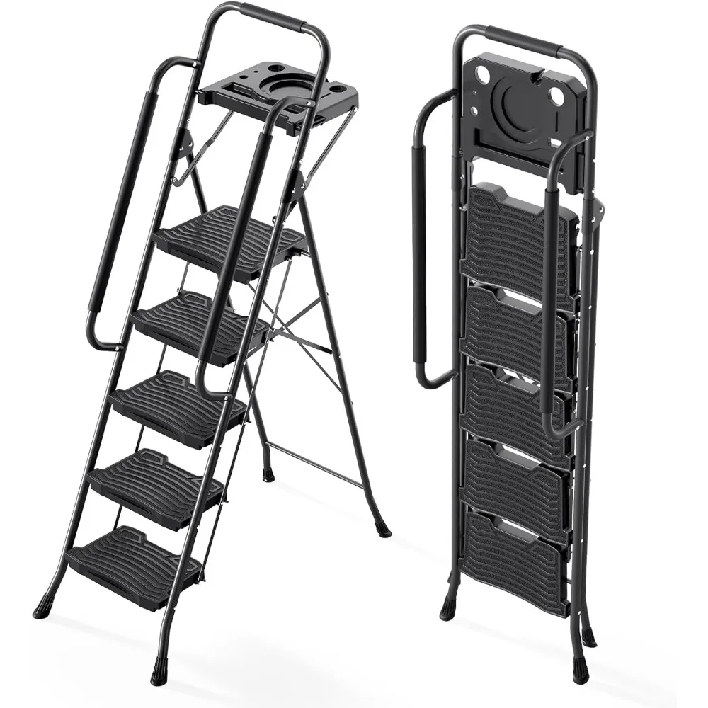

5 Step Ladder with Tool Platform, 900 lbs Sturdy Step Stool with Handrail, Folding Steel Ladder with Wide Pedal, Safety