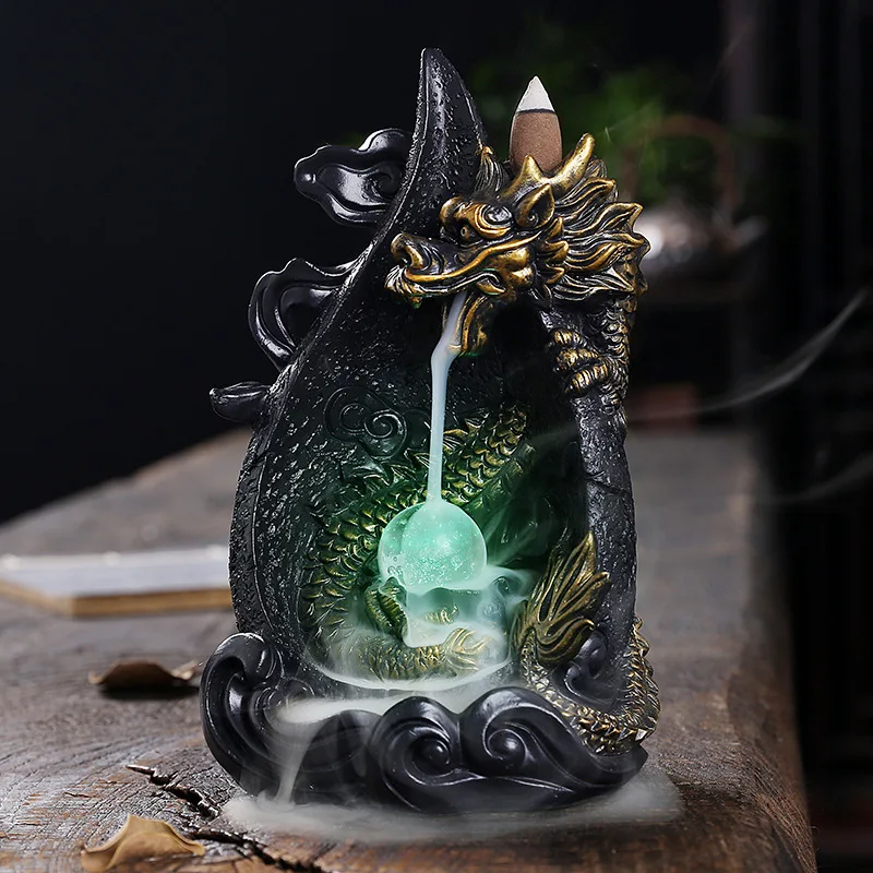 LED Dragon Backflow Incense Holder Waterfall Incense Burner Smoke Backflow Incense Cones Aromatherapy Ornament (Without Incense)