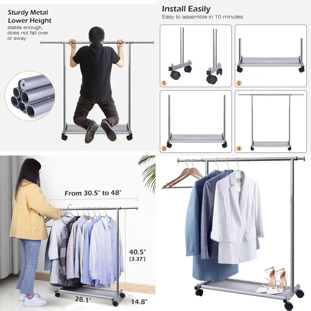 

Durable Rolling Clothing Rack with Bottom Shelves for Kids & Adults, Ideal for Coats, Wardrobe, and Closet Storage