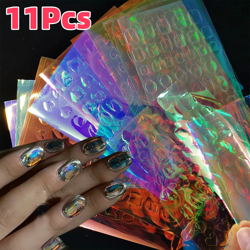 11Sheets 3D Aurora Ice Glass Stickers Holographic Iridescent Candy Glass Paper Chameleon Nails Film Manicure Decorations Slider