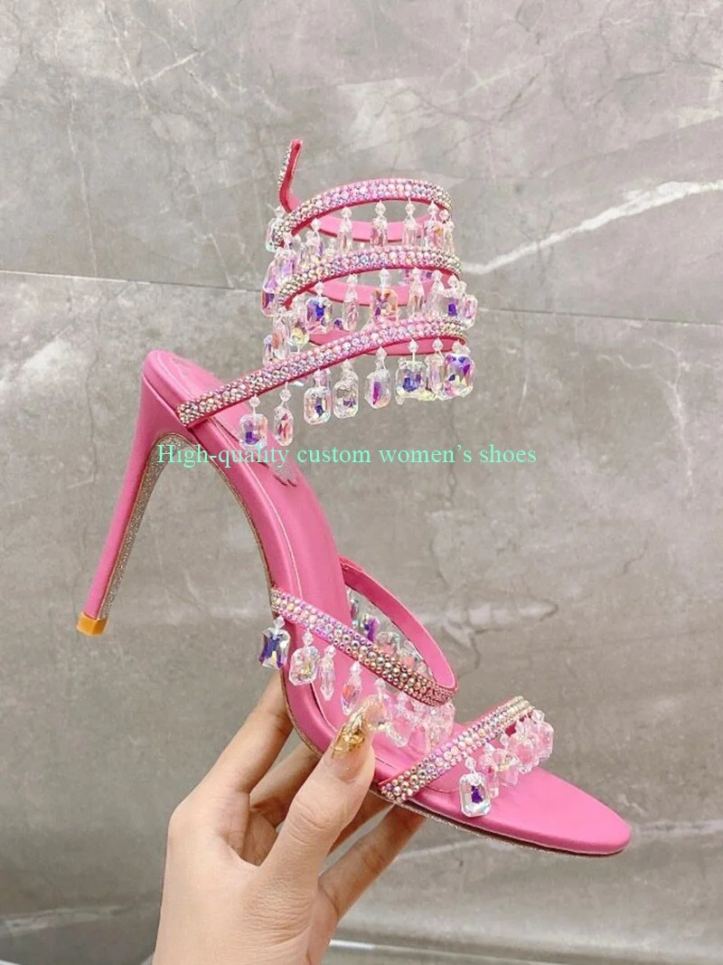 

Super High Waterproof Platform Ankle Winding Sandals Rhinestone Decoration Clear Crystal Clear Crystal Luxury Women's Shoes