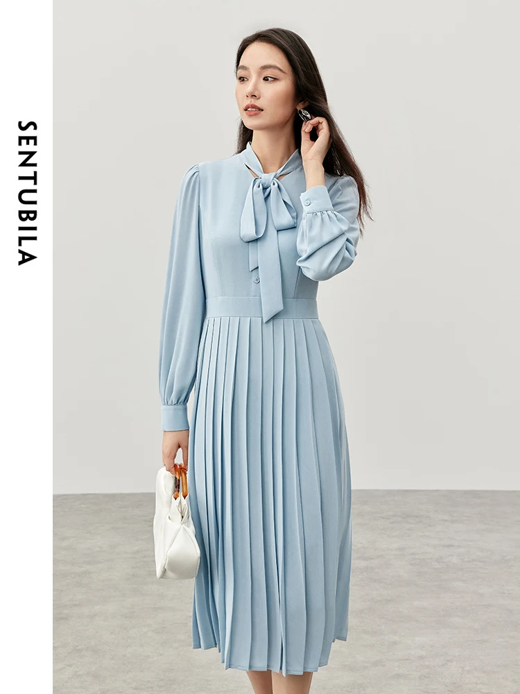 

SENTUBILA Pleated Detail Dresses for Women 2024 Autumn Lace-up V Neck Retract Waist Elegant French Women Dress 144L56683