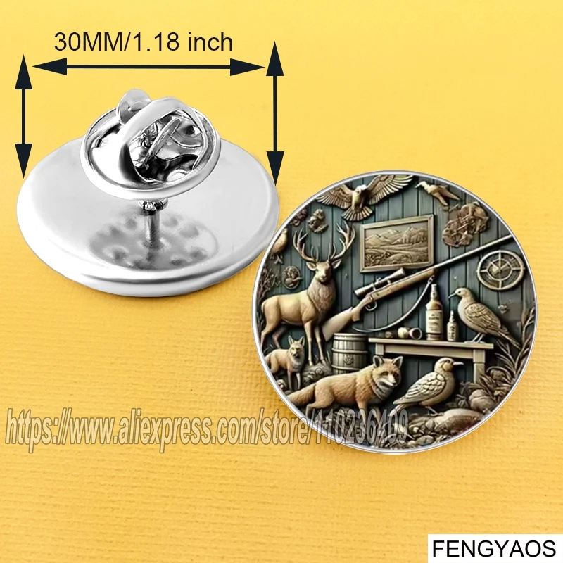 Stainless Steel Vintage Hunting Scene Round Brooch Deer Fox Bird Rifle Wildlife Lapel Pin Hunter Jewelry Gift for Men Women