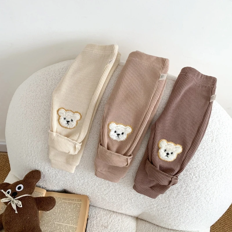 Cotton Baby Pants Cute Cartoon Bear Applique Boys Girls Pants Mid Elastic Waist Trousers Toddlers Baby Ribbed Casual Pants