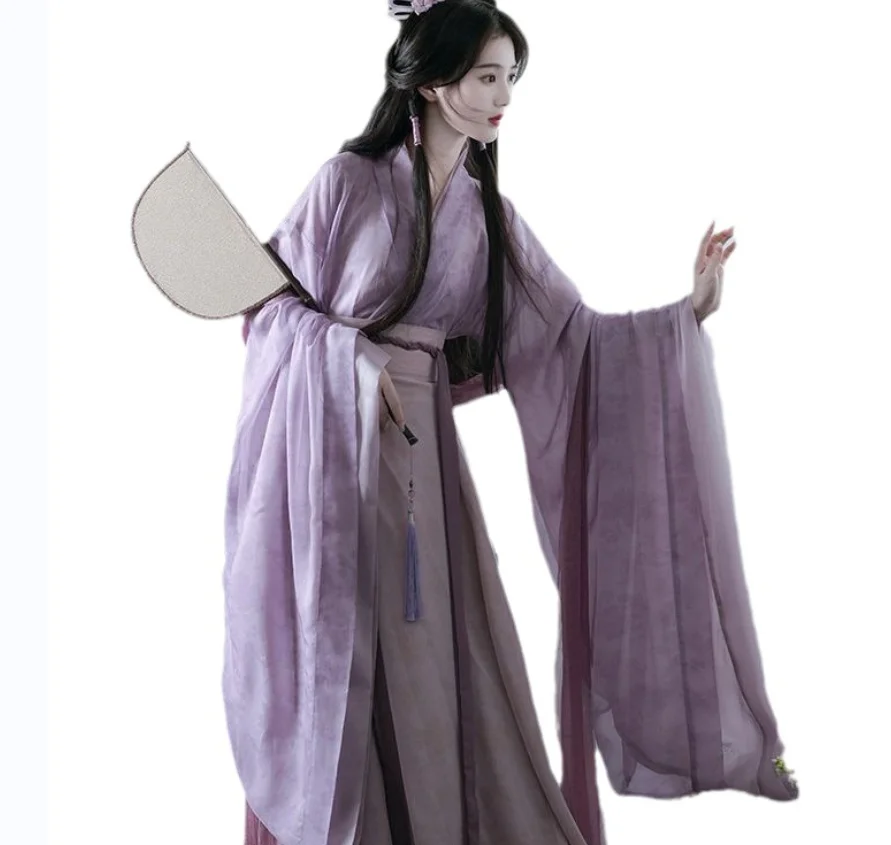 Chinese Style Adult Hanfu Dress in Wei and Jin Dynasty Fashion with Wide Collar, Broad Sleeves, and Eight-Part Skirt for Everyda