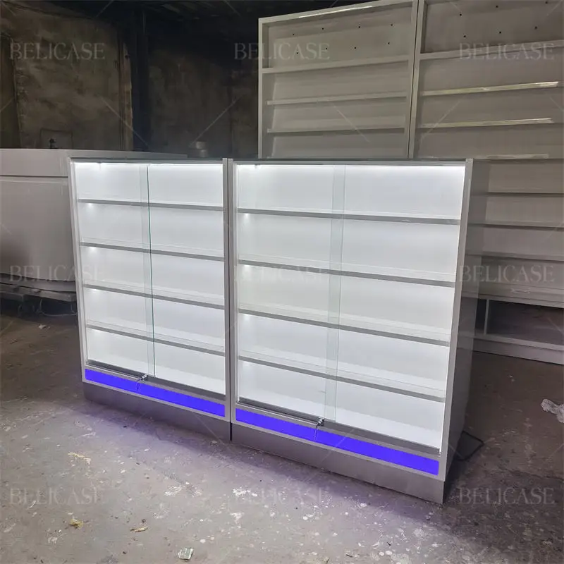 2025customized.Bright Led Light Stable Durable Thick Glass Display Shelf Cashier Counter Showcase Shelving Smoke