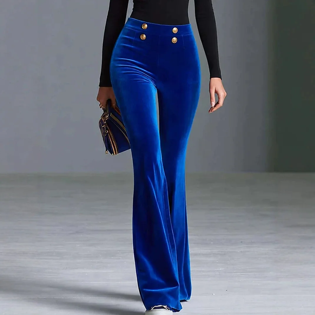 Women Elegant Velvet Flared Trousers High Waist Golden Buttons Decoration Elastic And Soft Fabric Retro Pants Chic Daily Bottoms