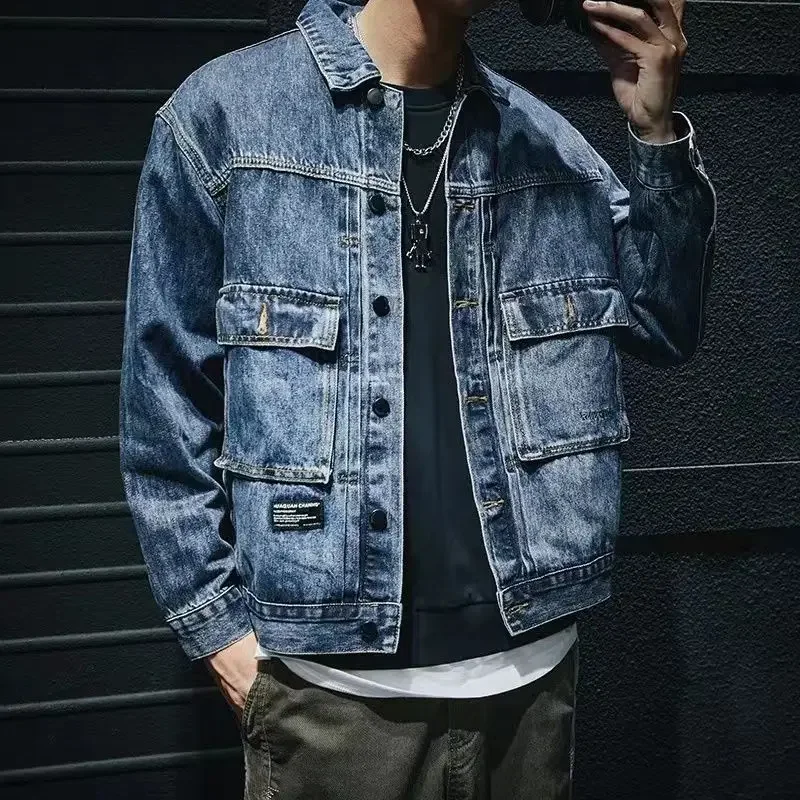 

GELITAYIN Male Jean Coats Cargo Vintage Men's Denim Jacket Washed Aesthetic Outwear Menswear Korean Popular Clothes Size L Cloth