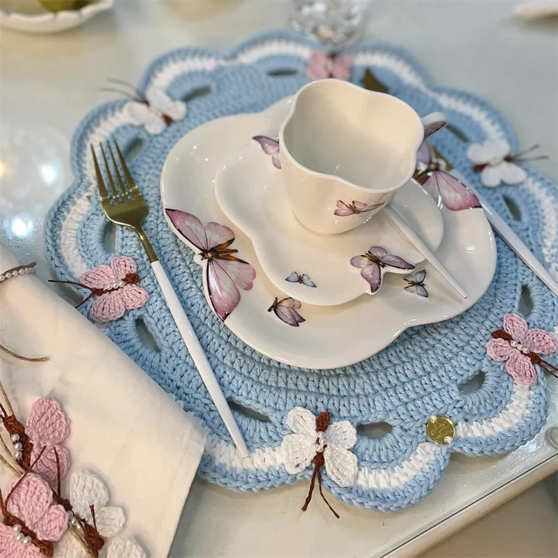 Handmade Crochet Butterfly coaster Hand-knitted Round Placemat Ins Style Coffee Mug Holder Reusable Woven Cup Pads Decor