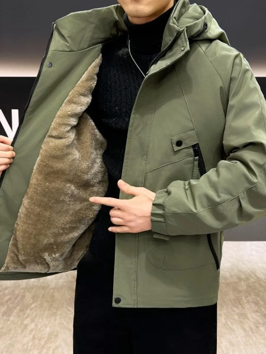 

Men's Winter Thiened Fce Lined Hooded Jaet Casual Loose Warm Top Faionable New Sle Cotton Clothes for Daily Wear
