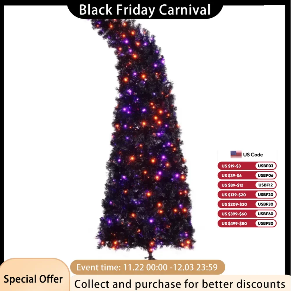 Black 400 Lights Purple and Orange 10 Functions with Remote Control 1050 Branches Wizard Hat Shape PVC Material Christmas Tree