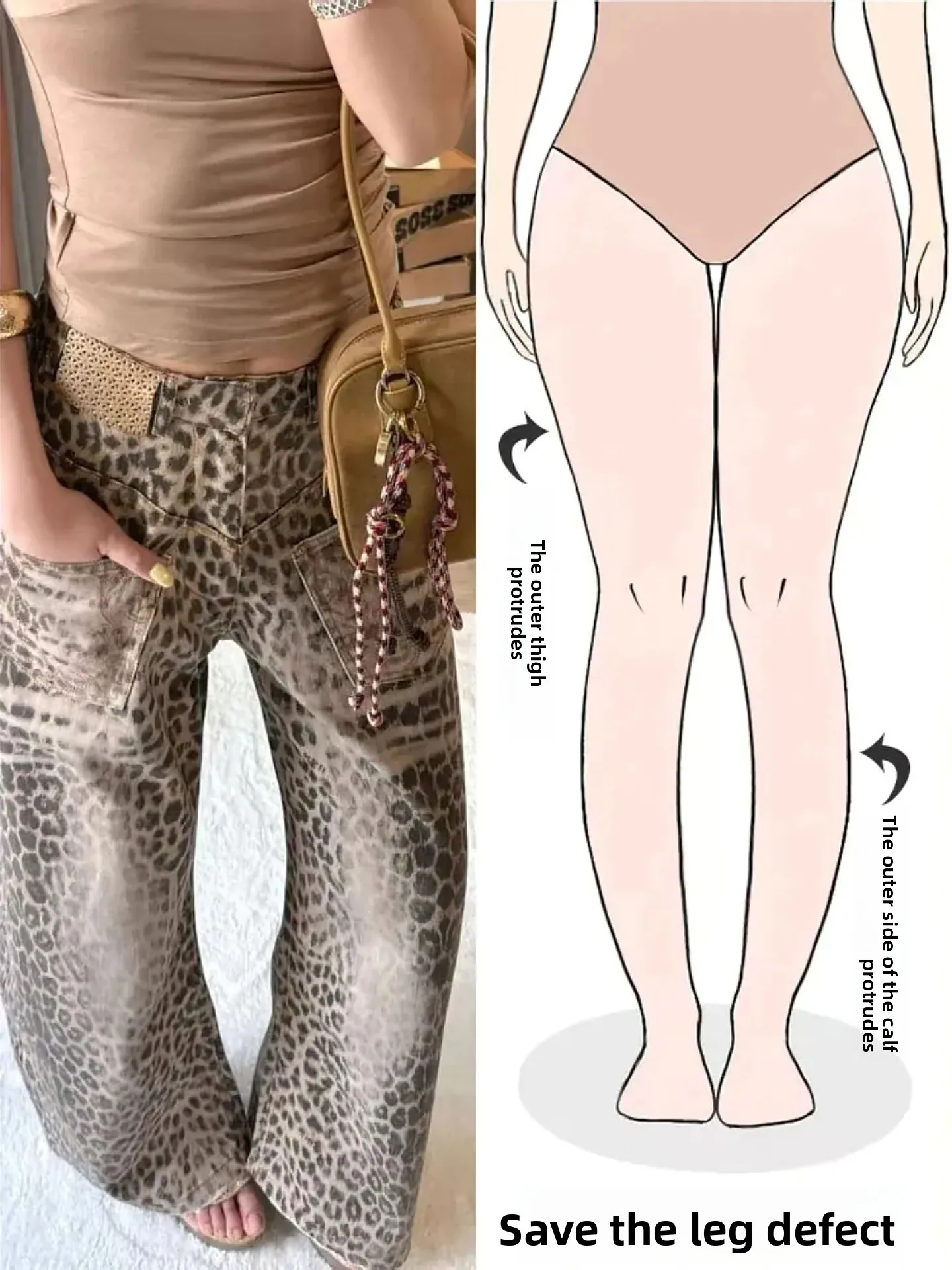 

Retro American Leopard Print Distressed Design Straight Leg Jeans for Women High Street Slimming Effect Autumn New Style