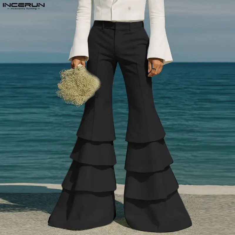 INCERUN Men Pants Solid Color Joggers Loose Casual Ruffle Flare Trousers Men Streetwear Party Fashion Male Long Pants S-5XL 2025