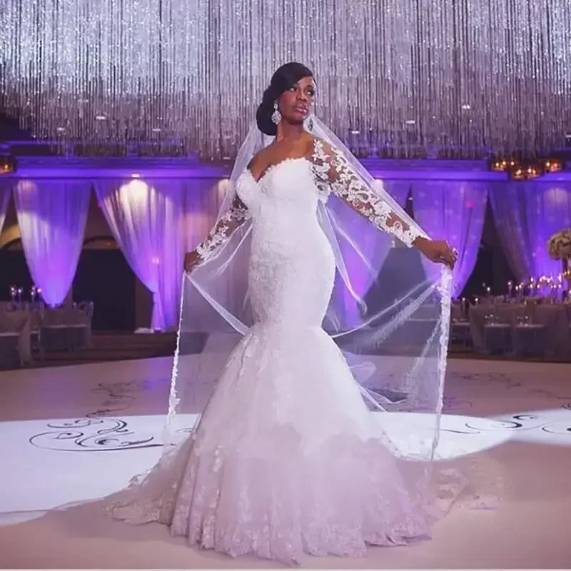 Customized Elegant Sweet Heart Long Sleeve Wrapped Waistline Mermaid Custom Made Wedding Dress