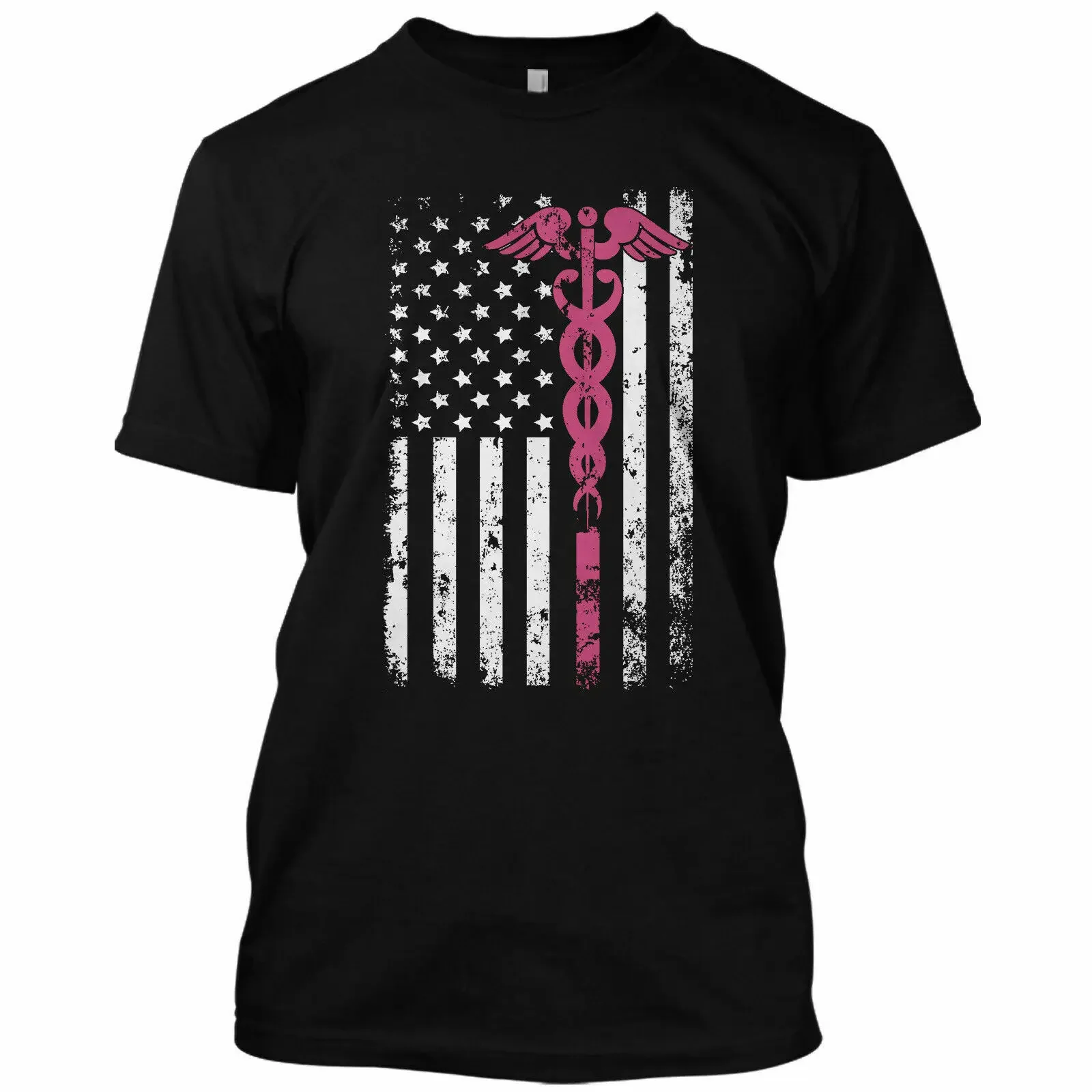 American Flag Caduceus Medical Staff Symbol Nurse Paramedics Gift T-Shirt 100% Cotton O-Neck Short Sleeve Casual Mens T-shirt