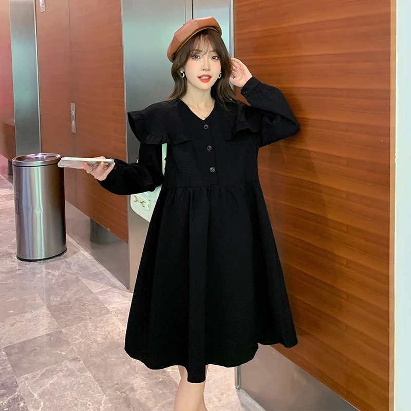 

2024 Spring Maternity Dress Sailor Collar Long Lantern Sleeve Pregnant Woman Green Dress Pregnancy Button Fly Dobby Dress Loose