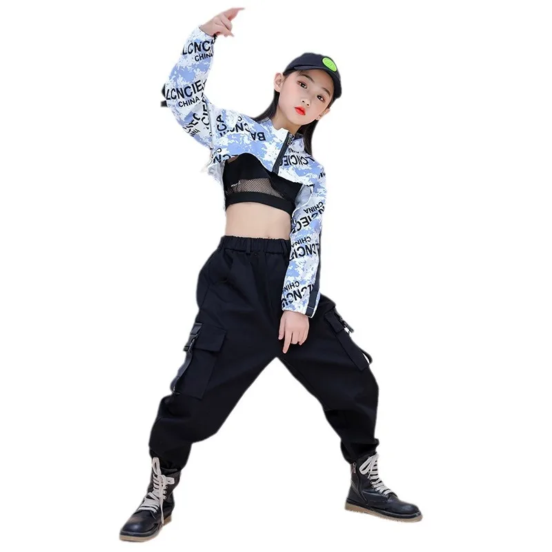 Hip Hop Girls Contrast Crop Top Cargo Pants Child Jazz Streetwear Sweatshirt Kids Street Dance Cheerleader Clothes Set