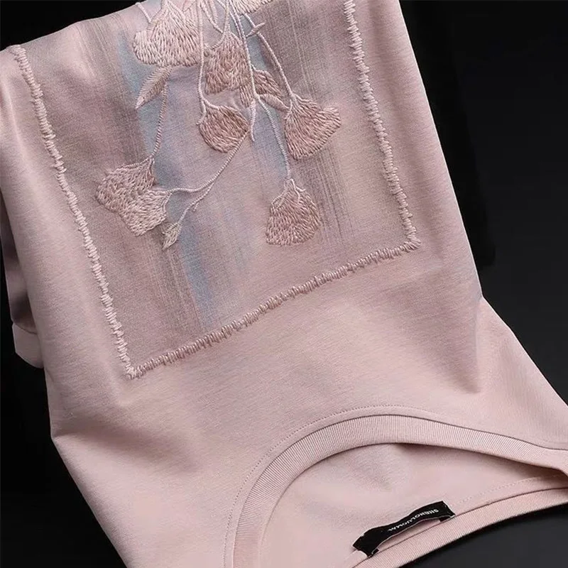 

summer new fashion Floral Embroidery pure cotton short Sleeve T-Shirt women casual Loose Solid color O-neck tops