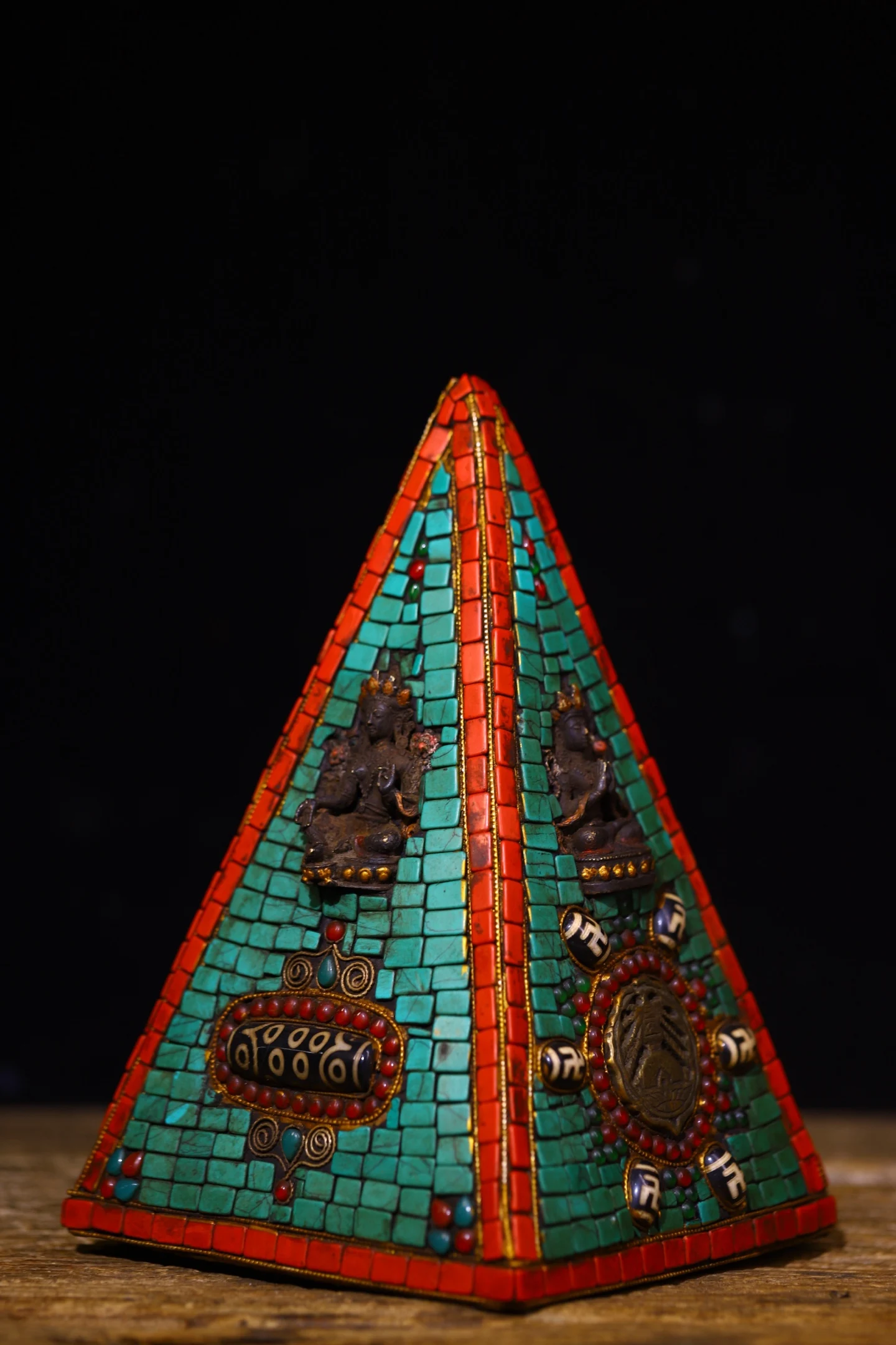 8"Tibetan Temple Collection Old Natural Meteorite Gem gZi Beads Turquoise Four armed Guanyin Buddha Pagoda Amulet Worship Hall