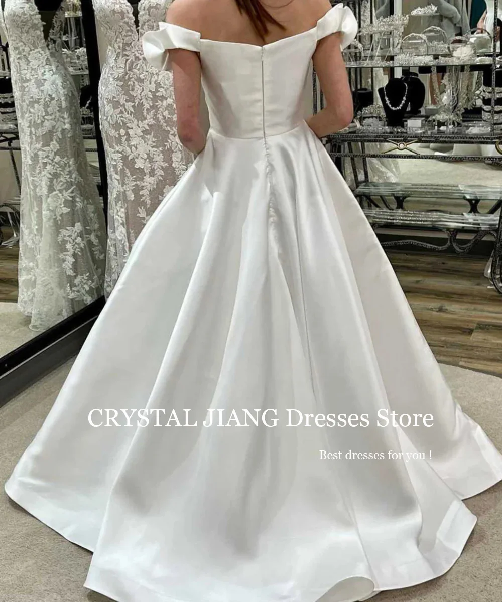 Elegant Long Off the Shoulder Satin Wedding Dresses High Waist Short Sleeves A Line Sweep Train Vestidos Novias Boda