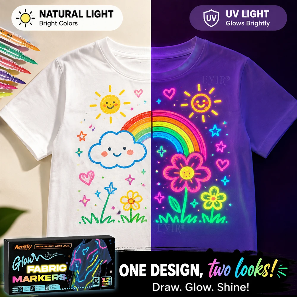 6pcs UV Glow Fabric Markers Dual Tip 12 Colors Fluorescent Textile Pens Clothing Painting DIY T Shirt Decoration Art Supplies