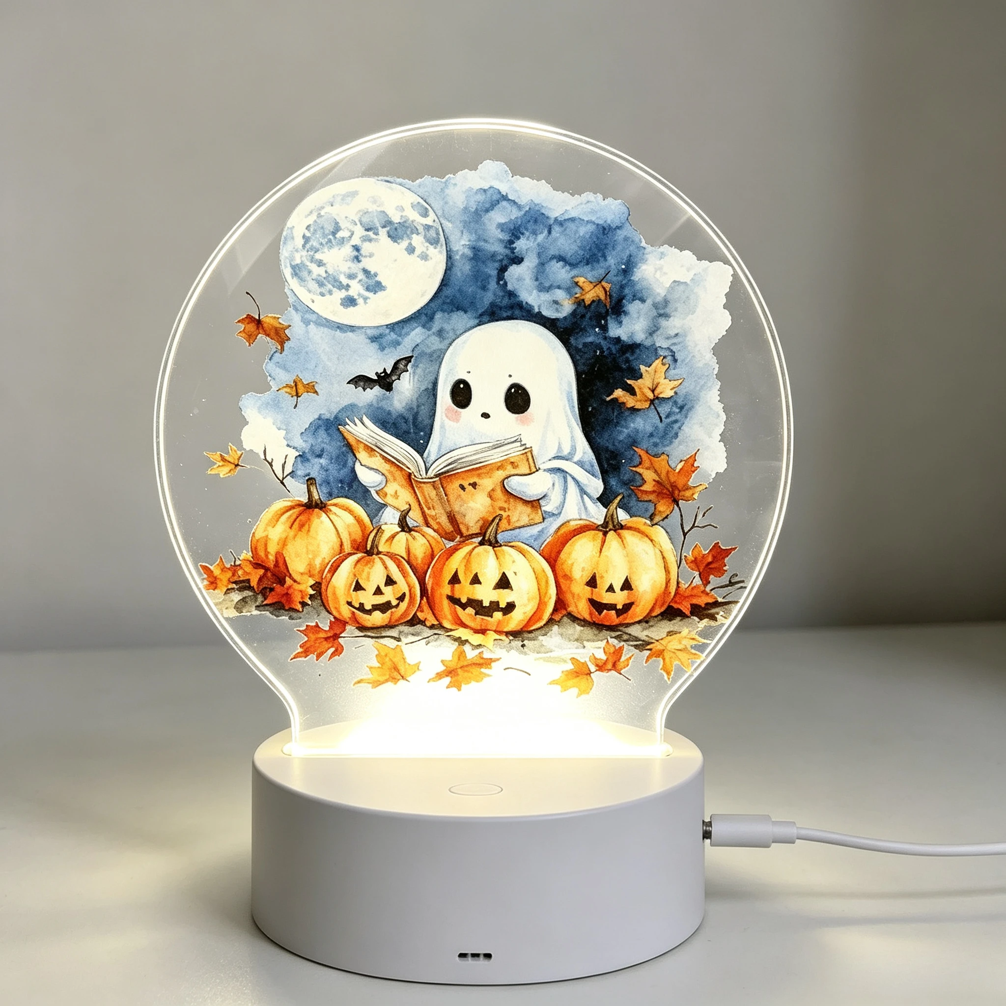 Reading Ghost Round Acrylic LED Night Light, Watercolor Halloween Bedroom Lamp