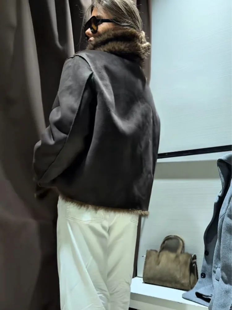 HH Dames Revers Knoppen Zak Lange Mouwen Warm Uitloper Omkeerbaar Nepbont Effect Jas Damesmode Casual Straatjas