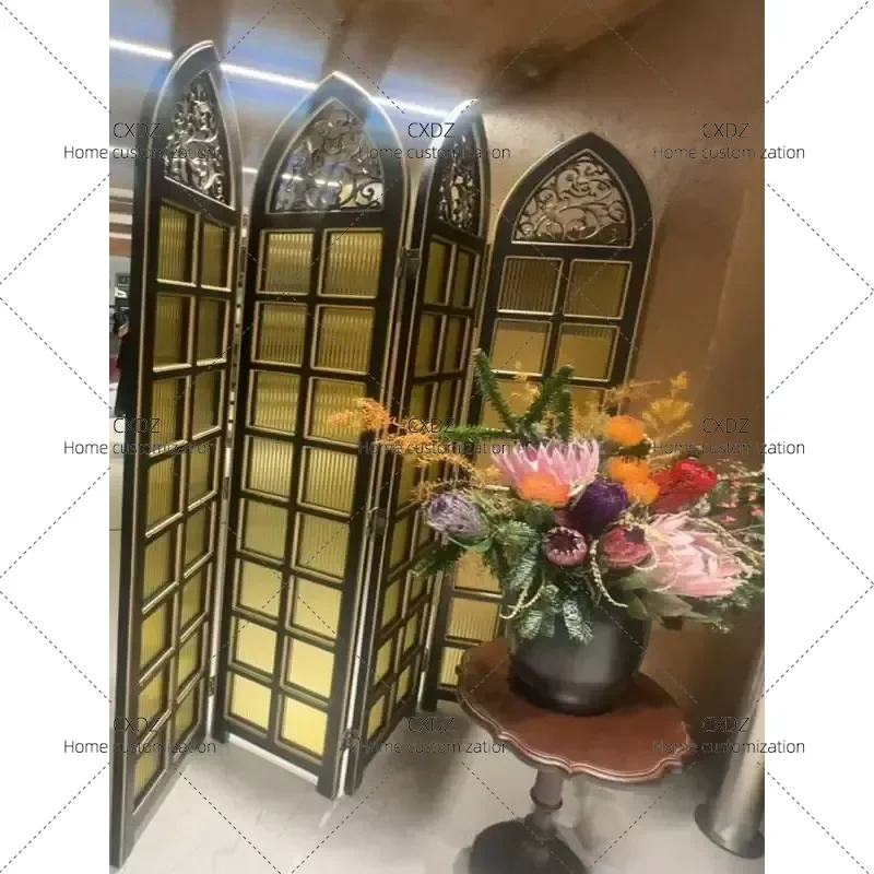 Medieval Solid Wood Glass Screen Partition Folding Mobile Room Divider for Living Room Entrance Porch Decorative Cabinet