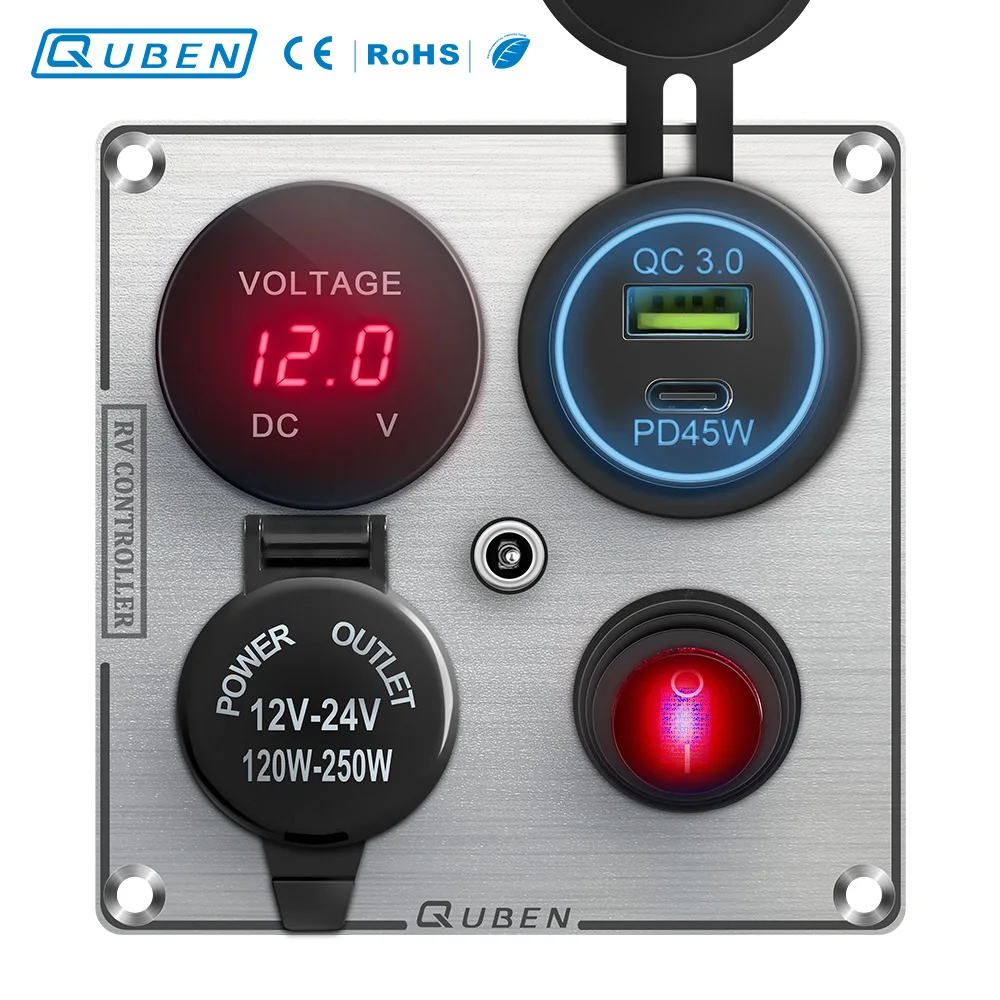 PD 45W + QC 3.0 Fast Charging Panel for RV Truck Boat, Digital Voltage Display Power Distribution Box with USB-C Ports, 12V 24V