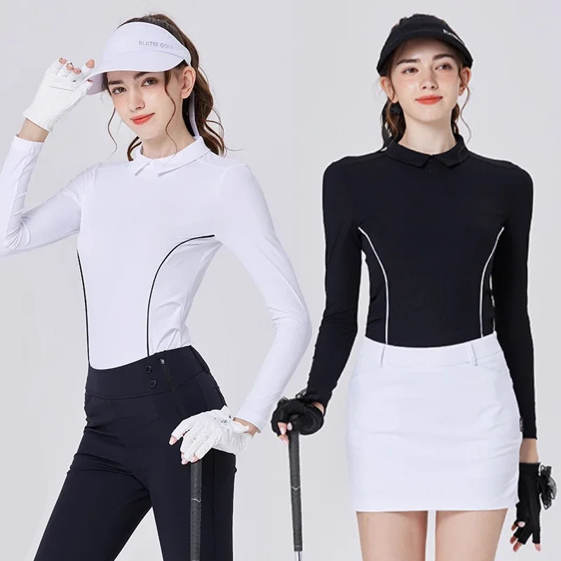 New BG Golf Clothes Women's Long-sleeved Lapel T-shirt Slim Waist Fashionable Elegant Tops Short Skirt Ladies Golf Apparel Set