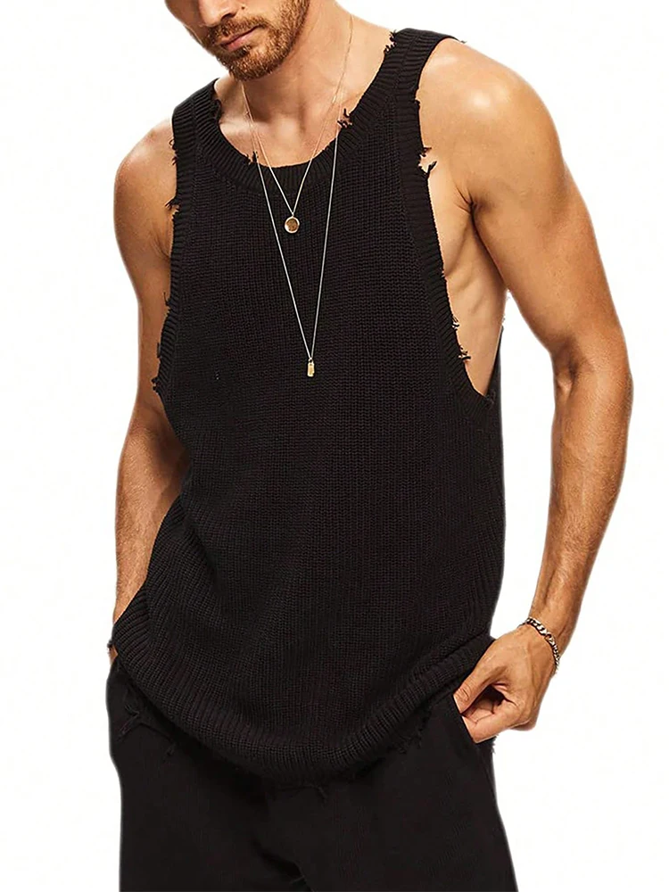 Hiphop O Halsbandjes Gescheurde Tanktops Heren Streetwear Mode Effen Kleur Slank Vest Heren 2024 Zomer Trendy Mouwloze Hemdjes