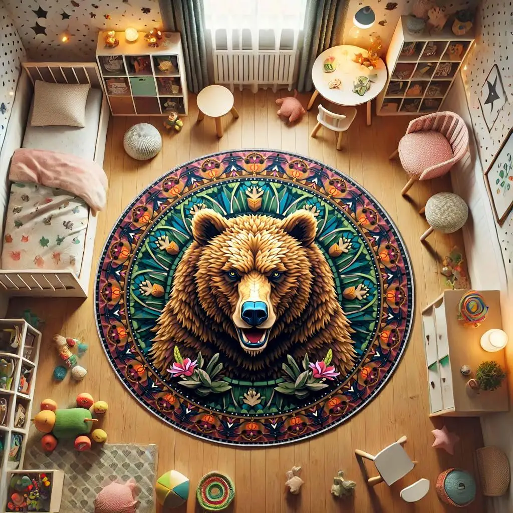 3D Effect Brown Bear Round Area Rug Wilderness Tree Hole Circle Carpet Washable Non Slip Realistic Living Room Floor Decor