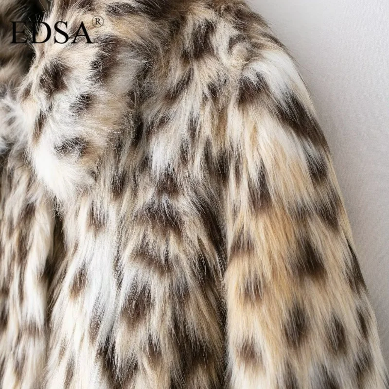 EDSA Women Leopard Faux Fur Jacket Female Winter Long Sleeves Front Pockets Artificial Fur Effect Long Sleeve Coat Outerweaar