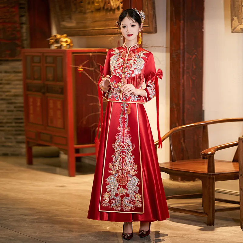 

Women Satin Toast Clothing Chinese Style Sequins Beading Tassels Embroidery Wedding Dress