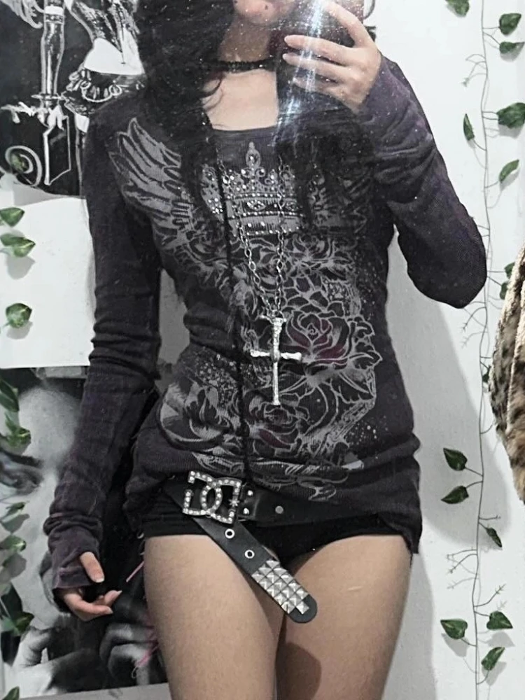 2026 New Vintage Gothic Dark Spicy Girl Long Sleeve Printed T-Shirts Streetwear Spring Autumn Y2K Grunge Retro Tops Women's