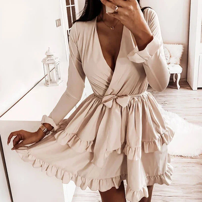 

Fashion New Arrived Flared Sleeves Ruffles V Neck Sexy Dress Women Winter Autumn Long Sleeve A-Line Solid Sashes Mini Dresses