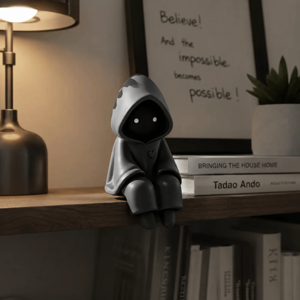 Cute Sitting Hooded Figurine Smooth Surface 3D Printed Sitting Ghost Statue Compact Size Unique Hooded 3D Printed Statue