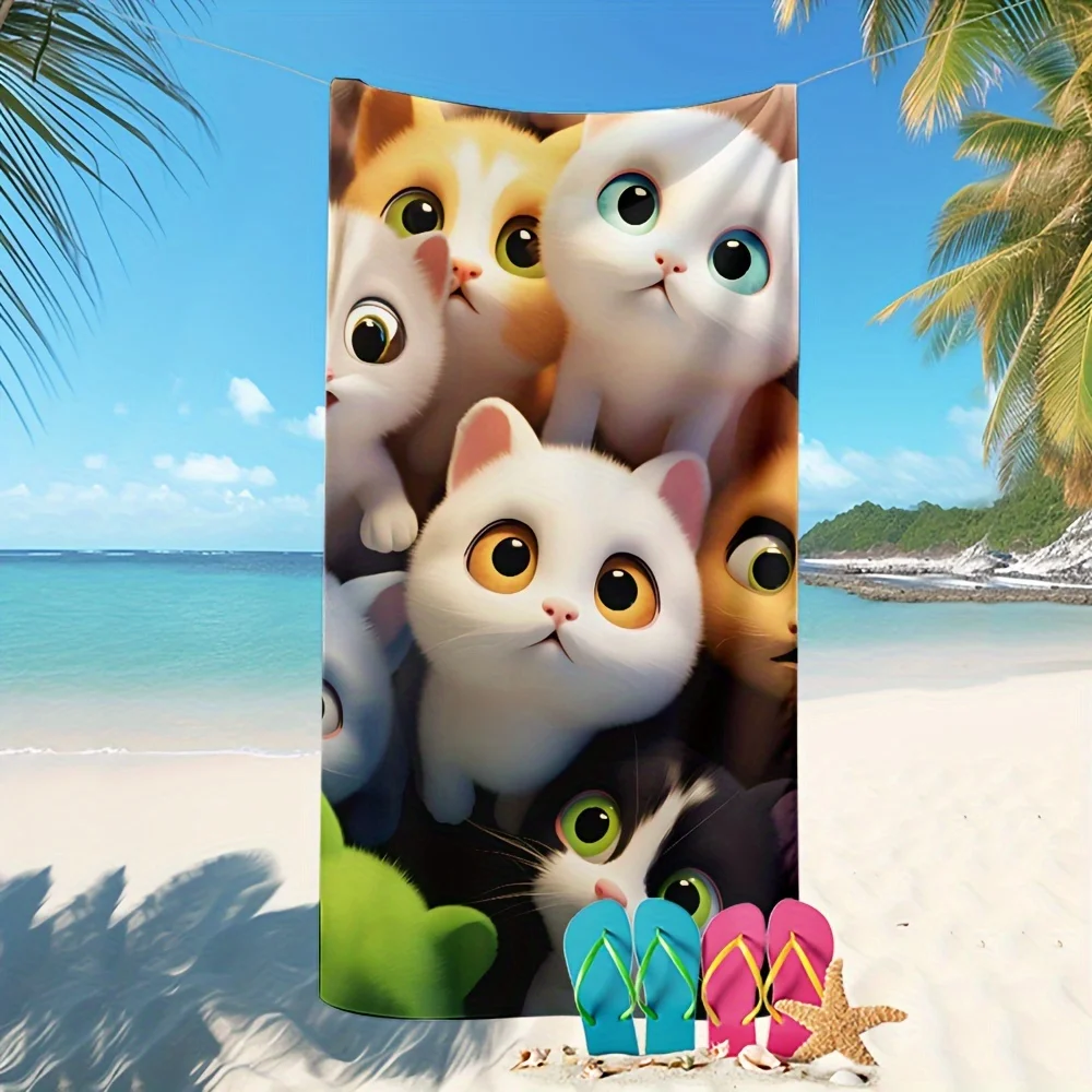 Cute Cartoon Cats Beach Towel, Adorable Kittens Group Print Oversized Bath Towel, Soft Quick Dry Cat Lover Summer Beach Blanket