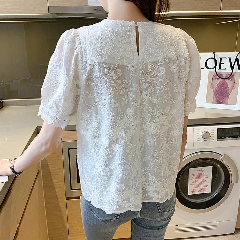 Summer Lace Blouse Women Elegant Vintage Sweet Puff Sleeve Tops Chiffon Shirt Women Short Sleeve Embroidery Blouses Blusas 21262