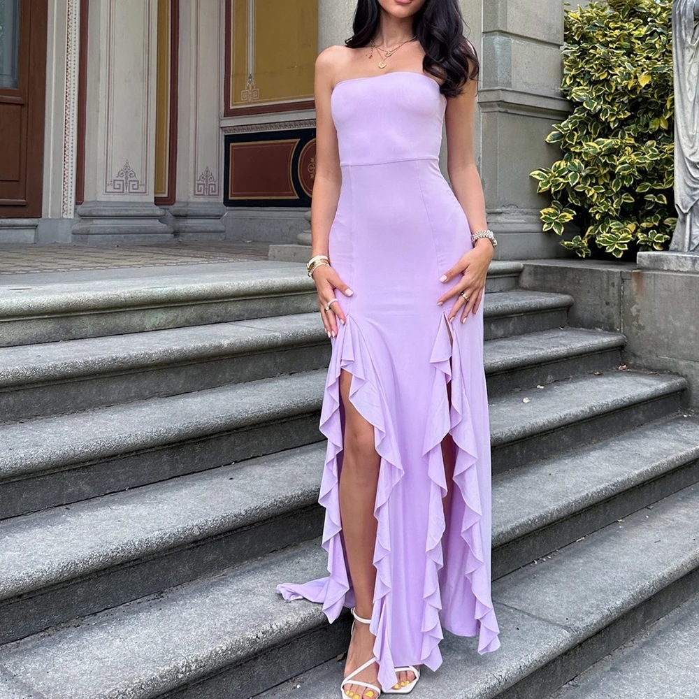 Elegant Party Evening Dresses Woman Boat Neck Ruffles Ankle Length Side Silt Ruffles Solid Color Empire Sleeveless Bridesmaid