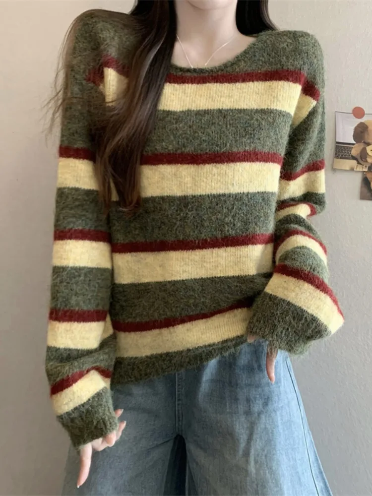 

Свободный вязаный свитер в полоску с v-образным вырезом, женский осенне-зимний корейский свитер, модный возрастной мягкий базовый слой, топ