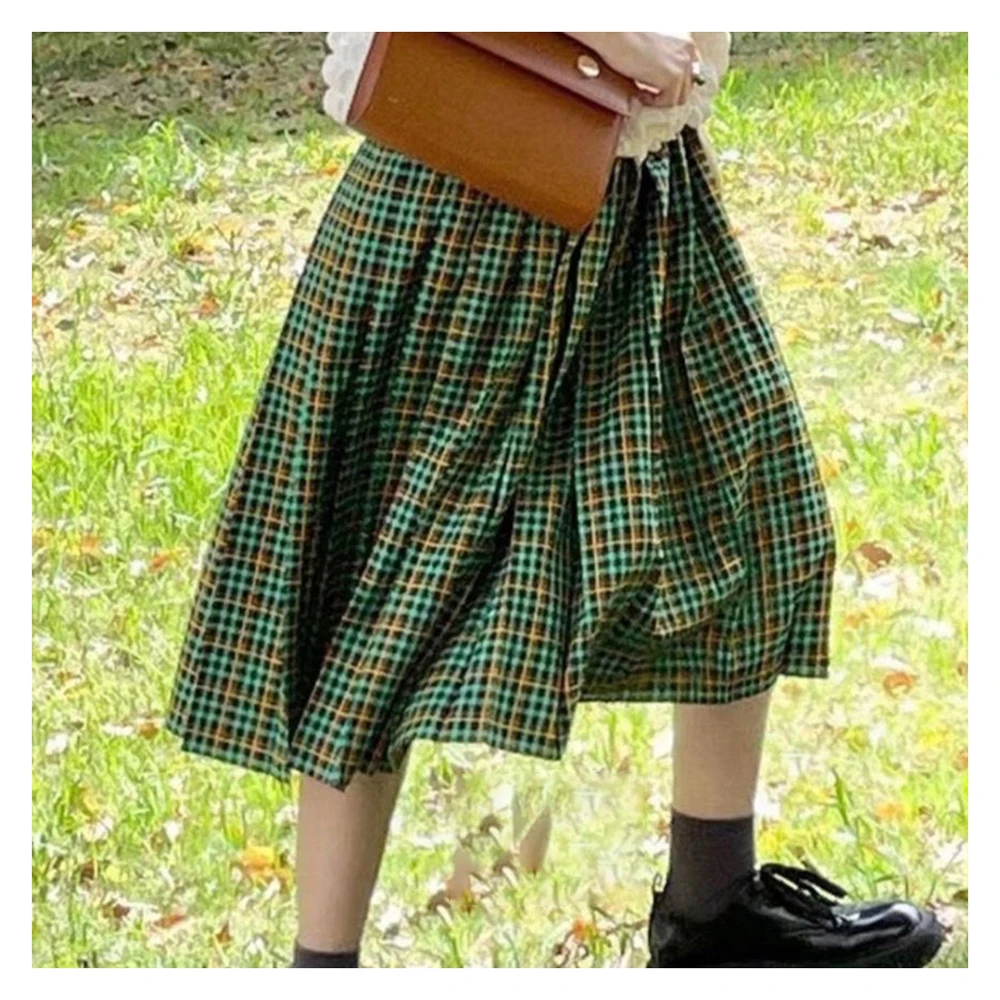 Spring and Autumn New Women's Clothing Cotton and Hemp Half length Skirt Red Plaid Pattern Long Skirt Irregular Bottom