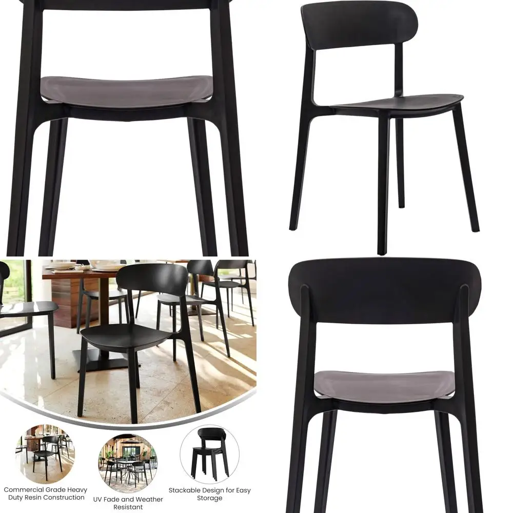كرسي فناء قابل للتكديس لجميع الأحوال الجوية مع ظهر منحني ومقعد محيطي، مقاوم للأشعة فوق البنفسجية، أسود، للاستخدام الداخلي/الخارجي