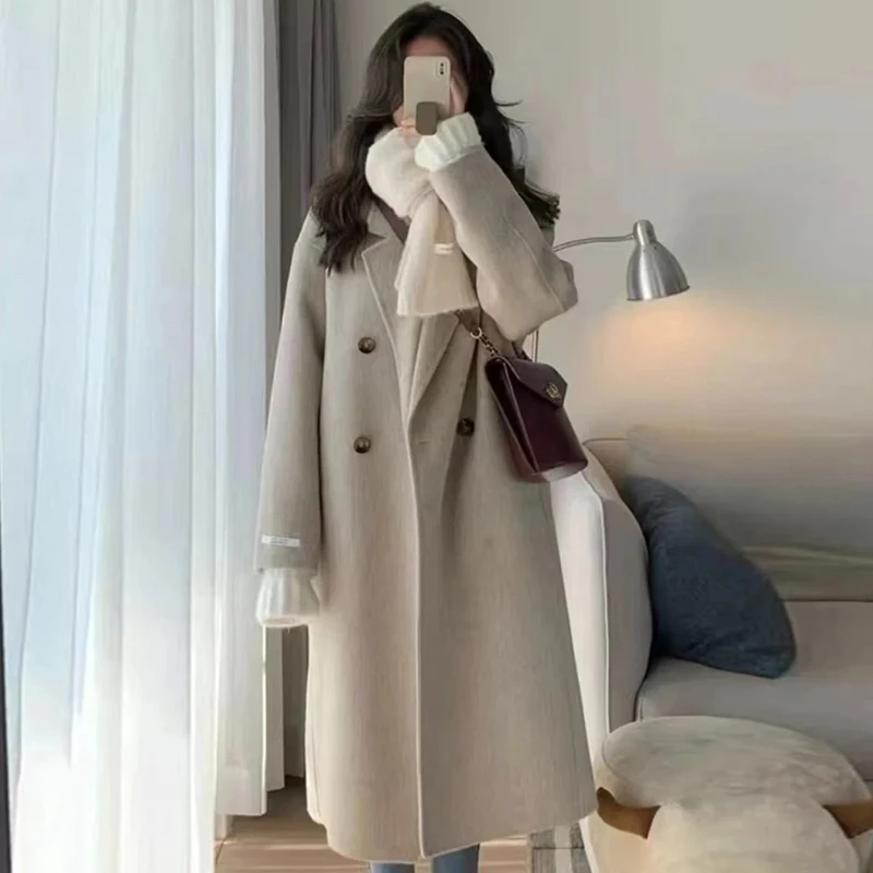 

Double-Faced Woolen Coat for Women Loose Fit Classic Sle Double-Row Buttons Versatile Autumn Winter Faion Outerwear
