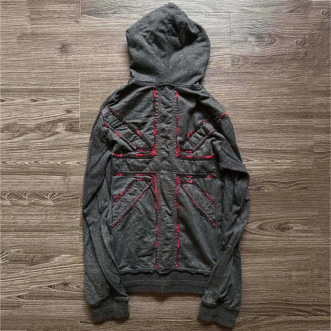 Unisex Zipper Hoodie with Red Plaid Lining, Vintage British Punk Zipper Hoodie, Autumn/Winter