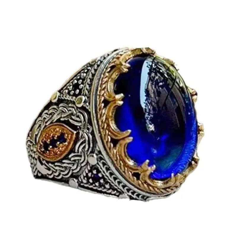 Fashion and Popular Exquisite Craftsman Zircon Blue Gemstone Engraving, High-End Retro Men's Ring Jewelry