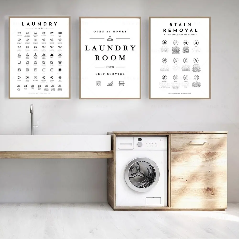 Laundry Room Guide Symbol Sign Print Stain Removal Canvas Painting Laundry Instructions Wall Pictures Modern Bathroom Home Decor