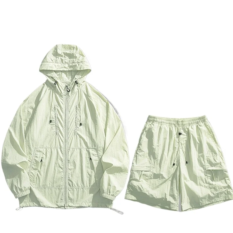 

Maxbarley Men Windbreaker 2 Piece Set Summer Sports Breathable Sunscreen Jacket+Shorts Set Fishing Ice Silk Skin Sportswear Suit