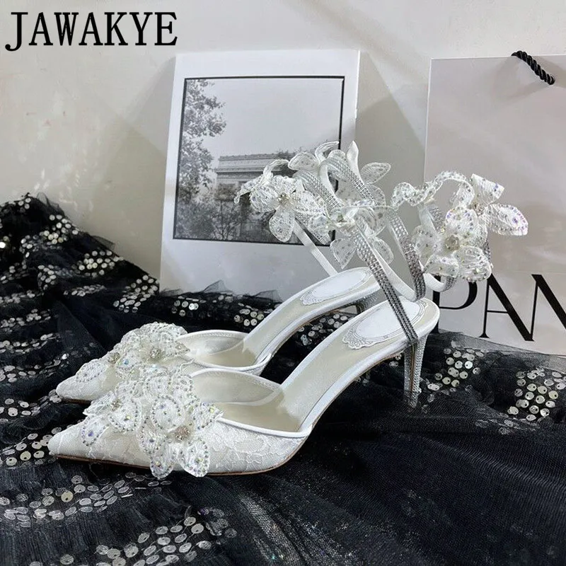 

White Lace Wedding High Heel Shoes Women Pointy Toe Crystal Flower Decor Slingbacks Designer Brand Formal Party Dress Shoes